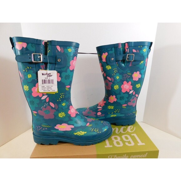Western Chief Women's Poppy Pop Tall Rubber Rain Boots sz 9 M Deep Teal Floral - Picture 1 of 7